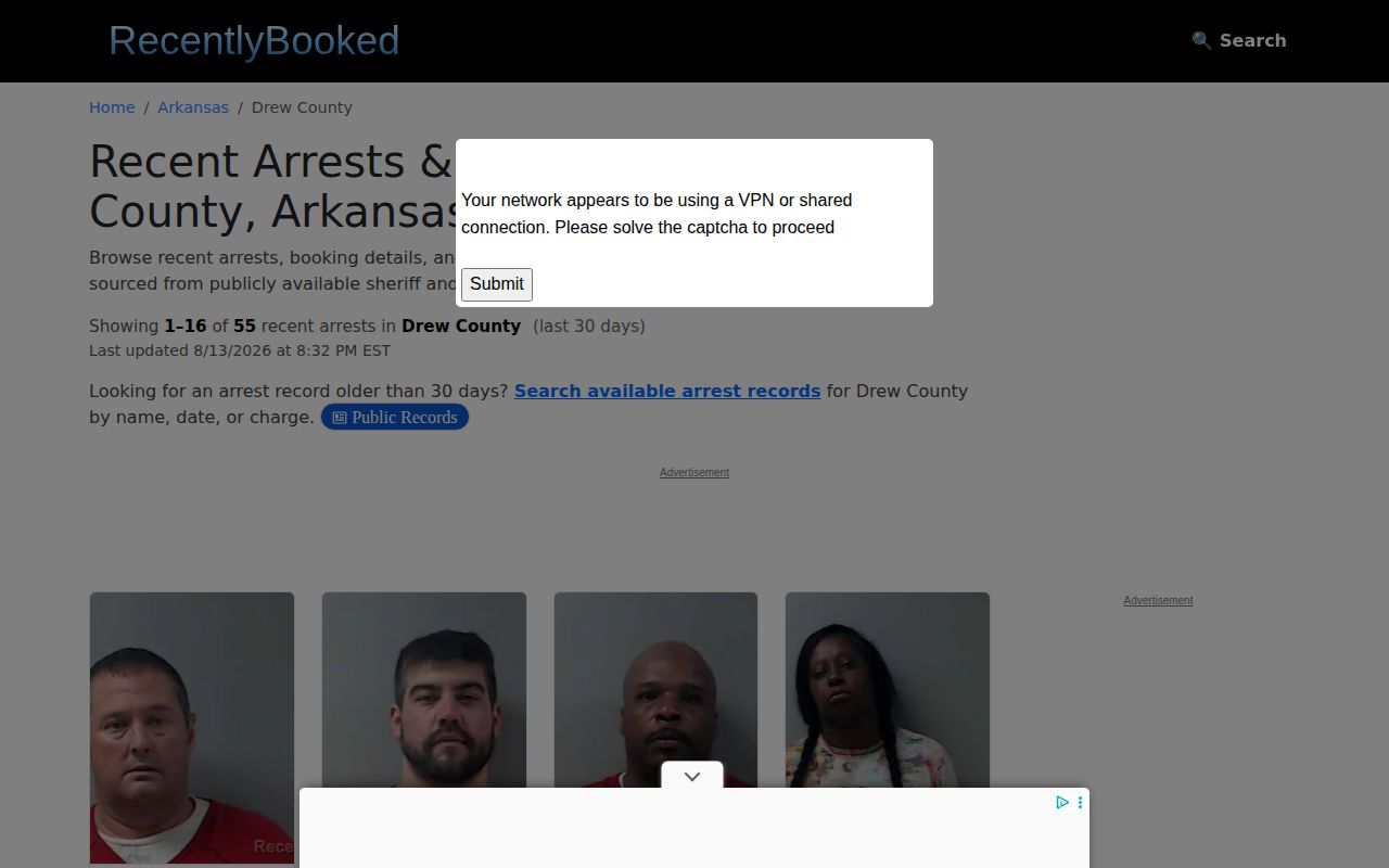Drew County unofficial mugshot and booking news section on Recently Booked