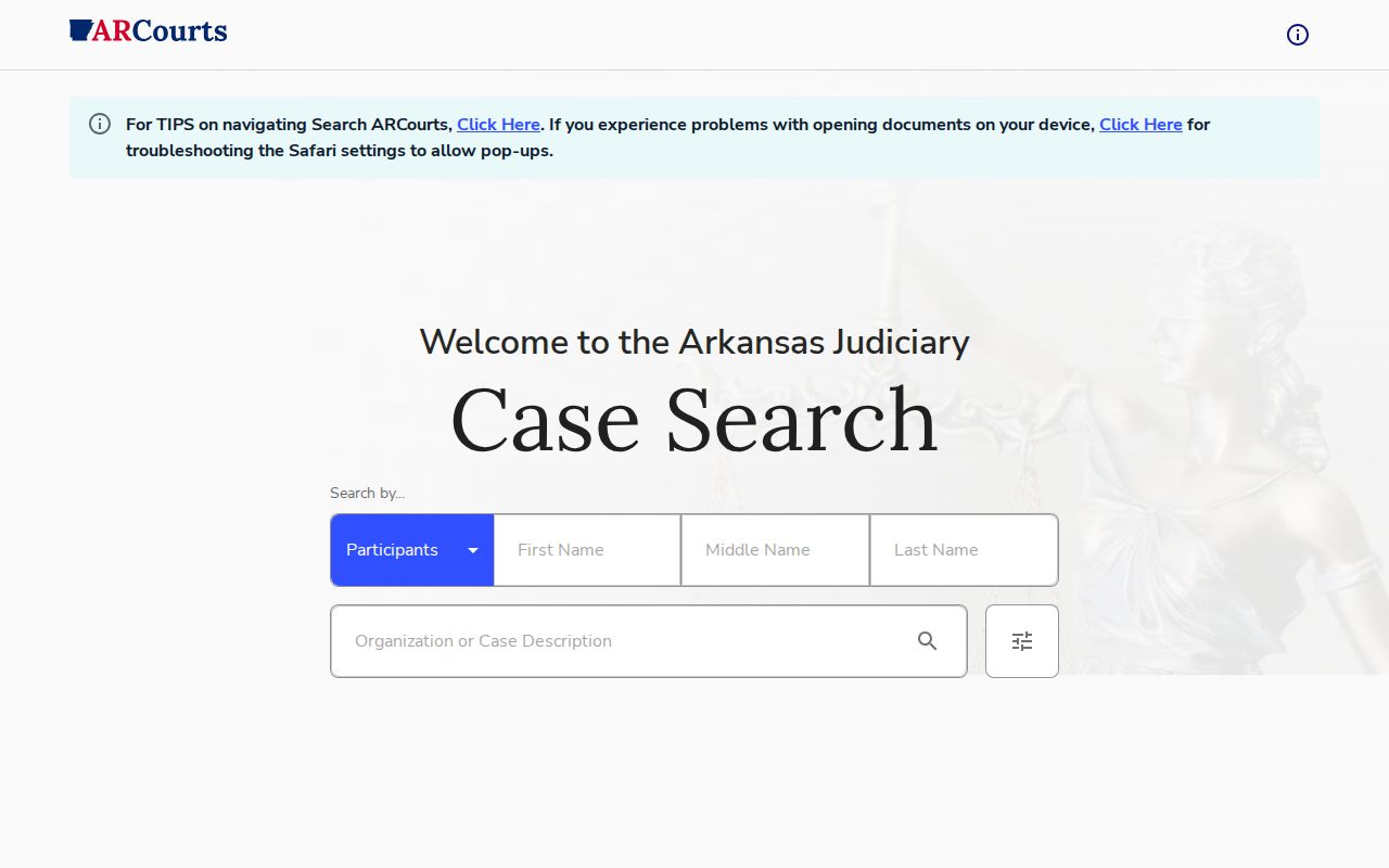Drew County arrest case and disposition search interface